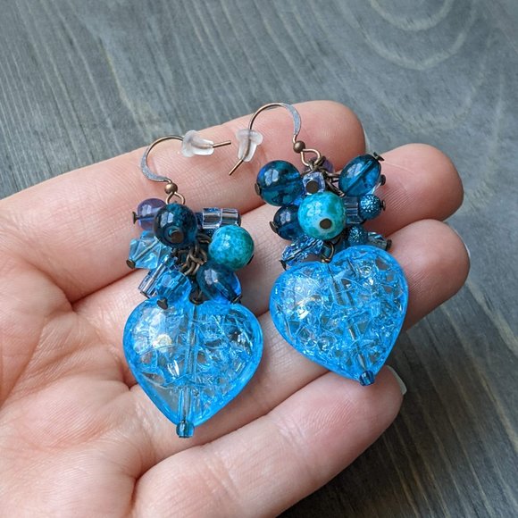 Mixed Blue Glass Bead & Blue Crackle Heart Cluster Earrings - Picture 3 of 16